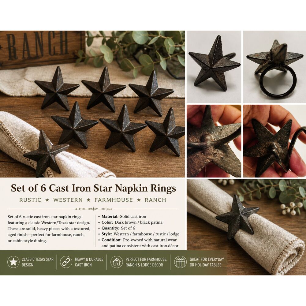 Set of 6 Cast Iron Star Napkin Rings Rustic Western Texas Ranch Farmhouse Decor